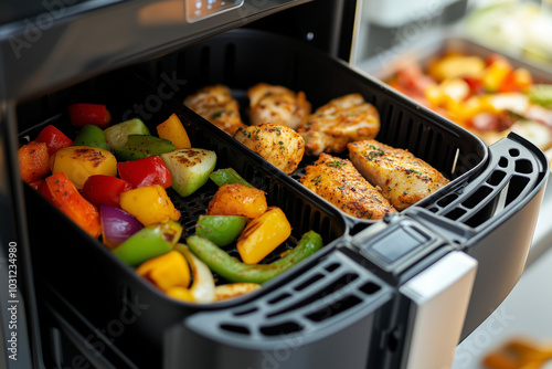A double-basket air fryer showing different foods cooking simultaneously