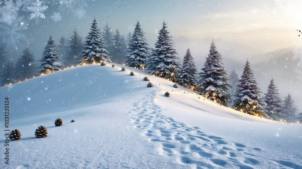 A snowy path winds through a winter forest, leading to a cluster of snow-covered trees. Footsteps are visible in the snow. The sky is a soft blue, with snowflakes falling. A snowy path winds through a winter forest, leading to a cluster of snow-covered trees. Footsteps are visible in the snow. The sky is a soft blue, with snowflakes falling.