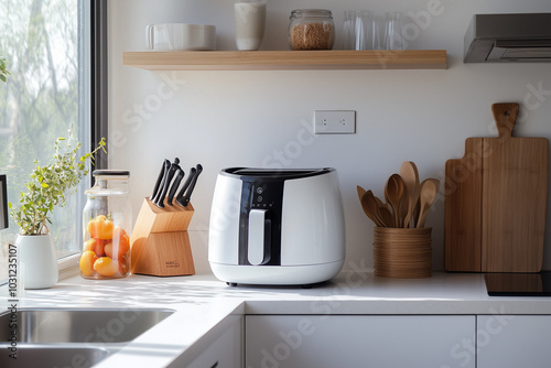 A minimalist kitchen scene where an air fryer is being used in a small apartment or dorm room kitchen