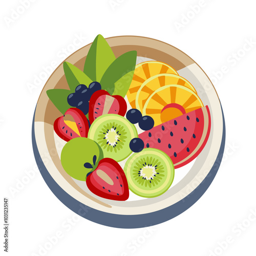 Traditional greek salad on a white platter. Tomatoes, cucumbers, feta cheese, lettuce leaves, olives, sweet peppers and onions. Top view vector illustration on a white background. Horiatiki