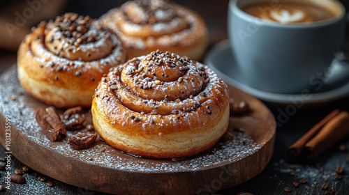 Close-up of a cinnamon roll with powdered sugar and coffee beans on a wooden board.