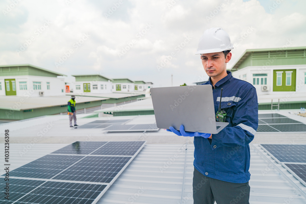 A worker in protective gear uses a laptop while inspecting solar panels on a rooftop. The image emphasizes the use of technology in managing renewable energy systems and solar power installations. A worker in protective gear uses a laptop while inspecting solar panels on a rooftop. The image emphasizes the use of technology in managing renewable energy systems and solar power installations.