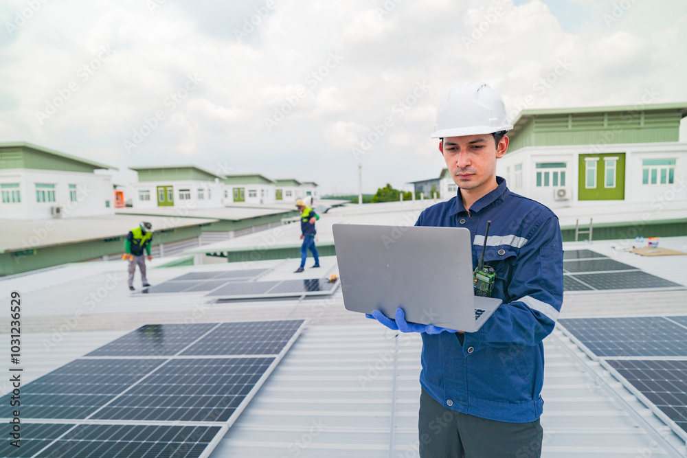 A worker in protective gear uses a laptop while inspecting solar panels on a rooftop. The image emphasizes the use of technology in managing renewable energy systems and solar power installations. A worker in protective gear uses a laptop while inspecting solar panels on a rooftop. The image emphasizes the use of technology in managing renewable energy systems and solar power installations.