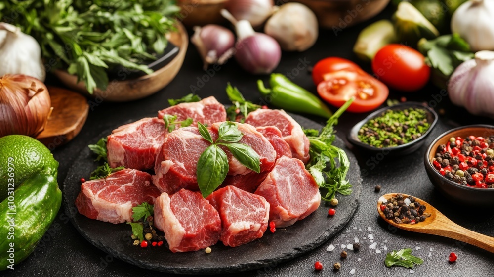 Fresh Meat with Herbs and Vegetables on Dark Surface