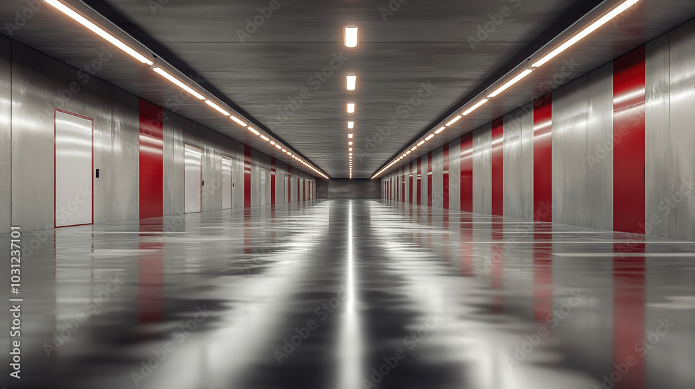 Modern underground parking lot with a white painted floor, LED lighting Modern underground parking lot with a white painted floor, LED lighting