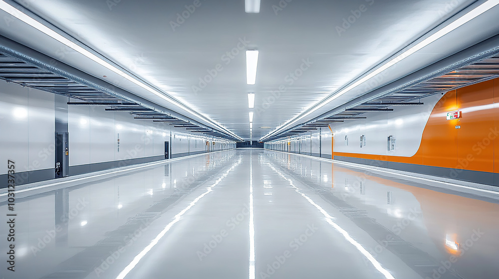 Modern underground parking lot with a white painted floor, LED lighting Modern underground parking lot with a white painted floor, LED lighting
