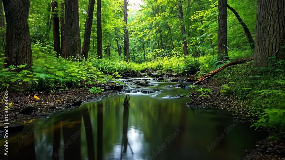 A peaceful creek flows through a lush forest, reflecting the surrounding trees in its dark water A peaceful creek flows through a lush forest, reflecting the surrounding trees in its dark water