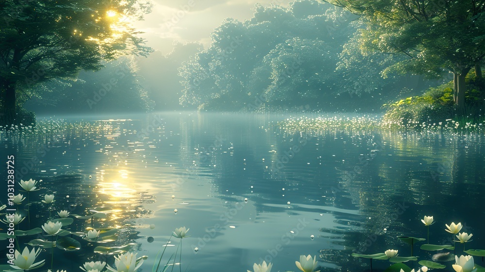 Serene Lake in a Sun-Drenched Forest Serene Lake in a Sun-Drenched Forest