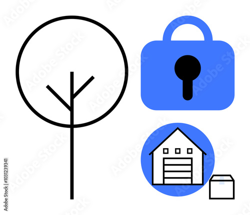 A minimalist depiction of a tree, a lock, and a garage with a box in blue and black colors. Ideal for environmental themes, security concepts, home life, urban development, and simplistic design