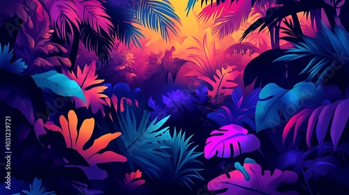 Neon-Lit Tropical Jungle with Vivid Colors and Silhouettes