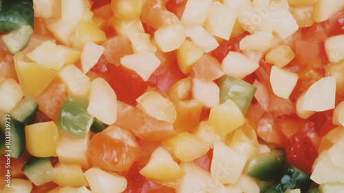 a close-up, top-down view of diced bell peppers spread across the entire frame, filling the image with vibrant red, yellow, and green colors in uniform cubes