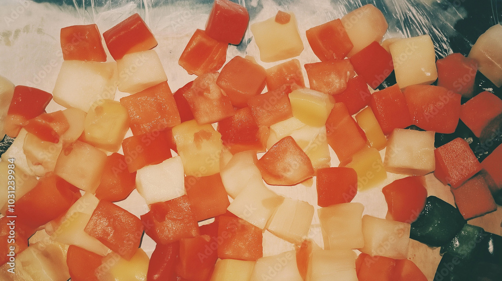 a close-up, top-down view of diced bell peppers spread across the entire frame, filling the image with vibrant red, yellow, and green colors in uniform cubes a close-up, top-down view of diced bell peppers spread across the entire frame, filling the image with vibrant red, yellow, and green colors in uniform cubes