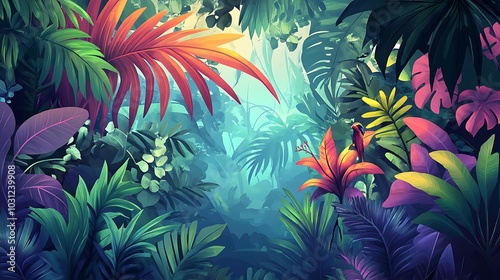 Vivid Tropical Rainforest with Colorful Foliage and a Blurred Background