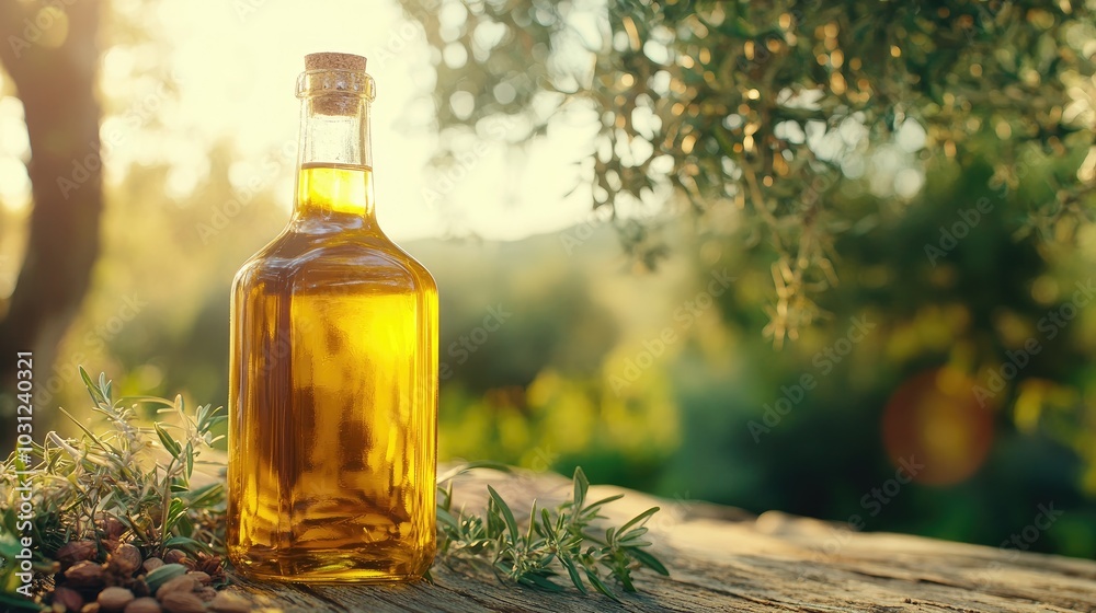 Golden Olive Oil Bottle on Rustic Tabletop