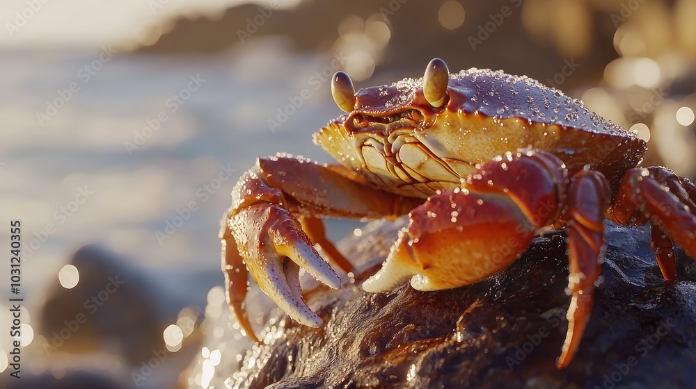 Close-Up of Crab on Rocky Shore with Ocean Background Close-Up of Crab on Rocky Shore with Ocean Background