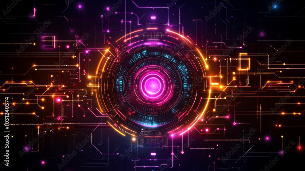 Abstract Glowing Circuit Board with Circular Technology Interface