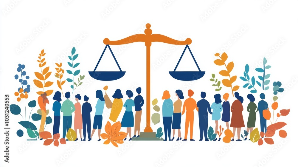 Equality and Justice Concept People Standing Under Scales of Justice Equality and Justice Concept People Standing Under Scales of Justice