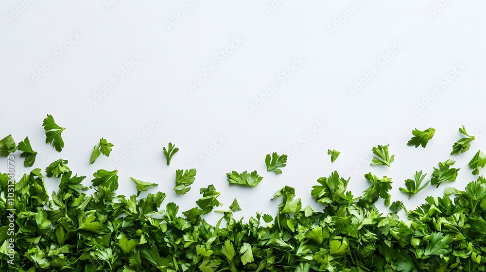 chopped parsley leaves isolated on white background with copy space above. chopped parsley leaves isolated on white background with copy space above.
