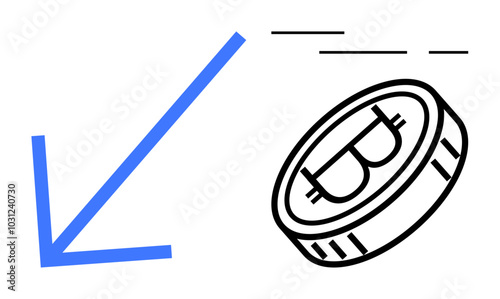 Black and white bitcoin coin with a blue downward arrow indicating a decrease in value. Ideal for economic trends, cryptocurrency market analysis, financial decline, forex trading, money management