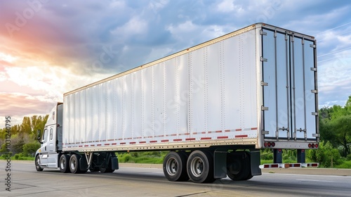 White Semi-Truck Trailer Driving on Highway with Cloudy Sunset Sky