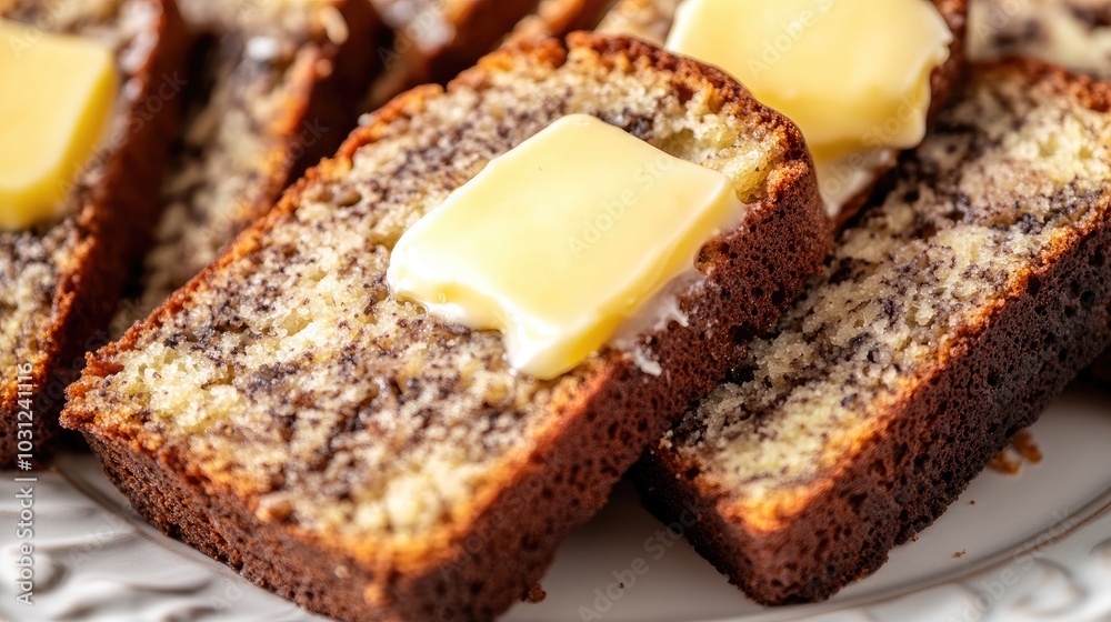 Sliced Banana Bread with Butter Portion on Top Sliced Banana Bread with Butter Portion on Top