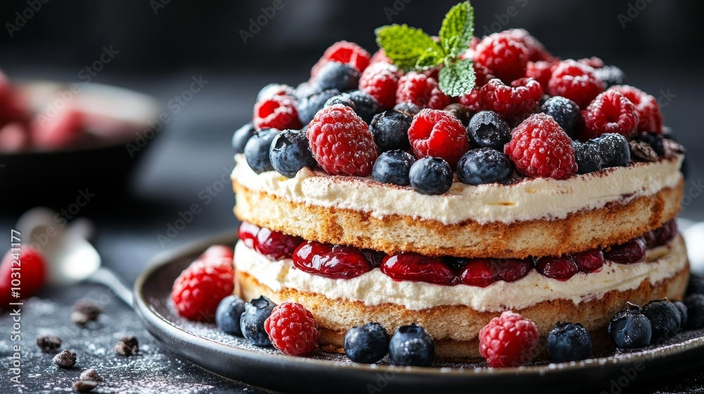 Delicious Layered Cake with Fresh Berries and Whipped Cream Delicious Layered Cake with Fresh Berries and Whipped Cream