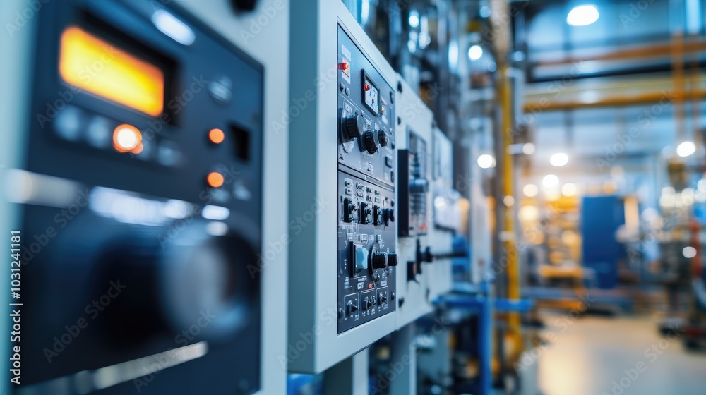Industrial Control Panel in Modern Factory Setting Industrial Control Panel in Modern Factory Setting