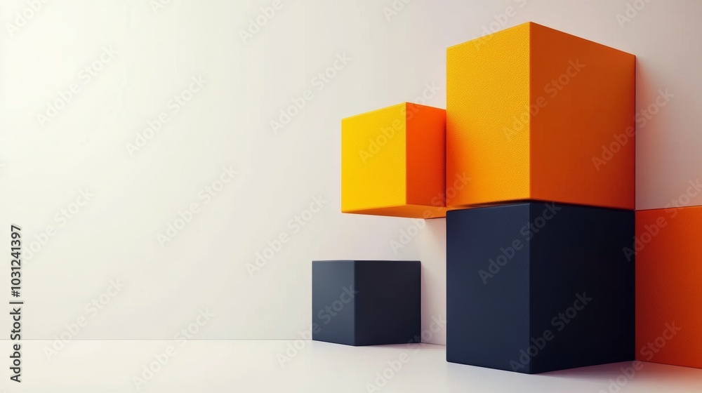 Minimalist Abstract Geometric Shapes Orange Black Cubes on White Background Minimalist Abstract Geometric Shapes Orange Black Cubes on White Background