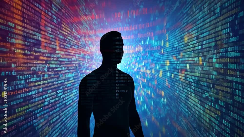 A silhouette of a person stands in front of a wall of colorful digital code A silhouette of a person stands in front of a wall of colorful digital code