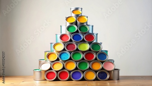 Painter's Christmas tree made from colorful paint cans, paint, cans, colorful, Christmas, tree, holiday, festive photo