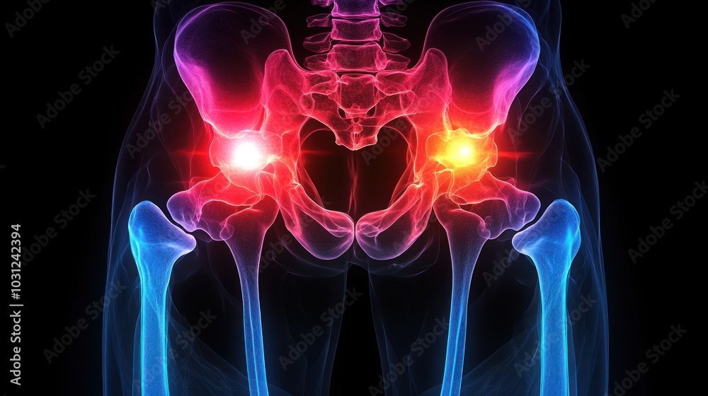 X-ray of the pelvis X-ray scan with red and blue highlights showing tenderness in some parts of the bone. The background is black to highlight the outline of the bone in detail. X-ray of the pelvis X-ray scan with red and blue highlights showing tenderness in some parts of the bone. The background is black to highlight the outline of the bone in detail.