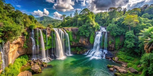 Panoramic view of the top of Bassi Falls surrounded by lush greenery and cascading water, scenic, waterfall, nature photo