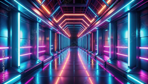 Futuristic abstract flying in endless corridor with neon lights , Abstract, flying, futuristic, corridor, triangles, fluorescent