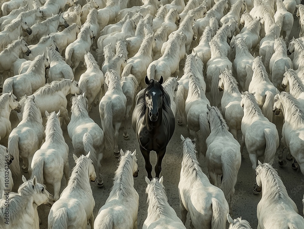 A stunning overhead shot of a vast herd of pure-white horses, over a thousand strong, moving together in a graceful wave. In the middle, a lone black horse stands out dramatically
