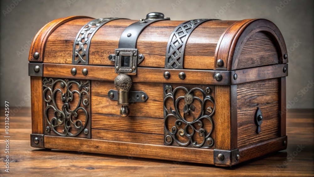 Wooden treasure chest with intricate metal accents and a hinged lid , treasure, chest, wooden, metal, accents, hinged, lid