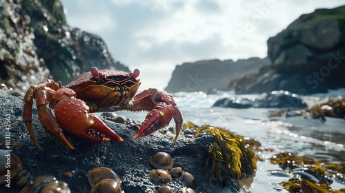 Vibrant Crab Among Seaweed on Rocky Shoreline