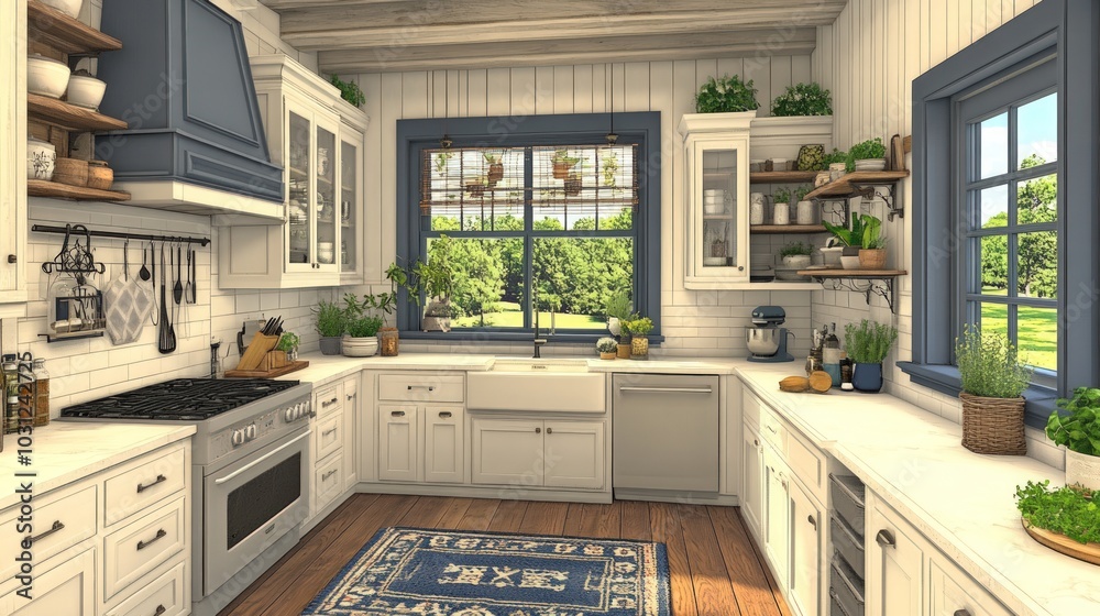 A modern farmhouse kitchen with white cabinets, a farmhouse sink, and a large window overlooking a green lawn.