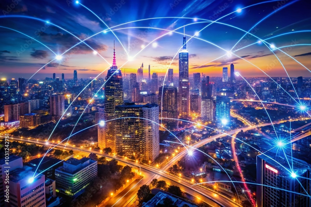 Fototapeta premium Abstract Timelapse of Metropolis with 5G Symbol in Bokeh Effect for Urban Connectivity