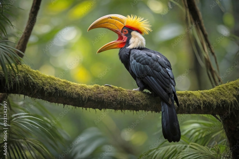 Fototapeta premium Hornbill Perched on a Branch in a Dense Tropical Rainforest