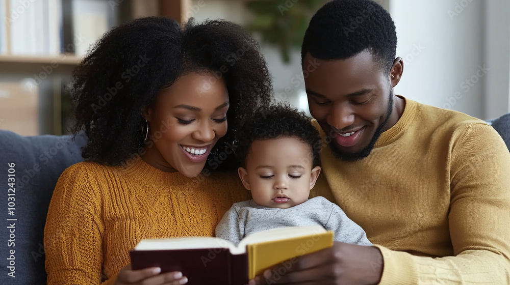 Happy young mom and dad sitting on comfy couch at home reading book together with their little son. Happy young mom and dad sitting on comfy couch at home reading book together with their little son.