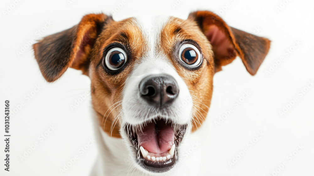 A close-up image of a dog with a surprised or shocked expression, captured in a studio setting with a simple white background