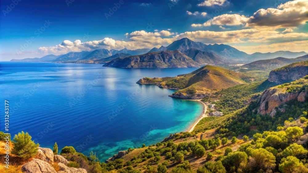 Fototapeta premium View of mountains and Mediterranean Sea on a sunny day in Greece , Greece, travel, mountains, Mediterranean Sea