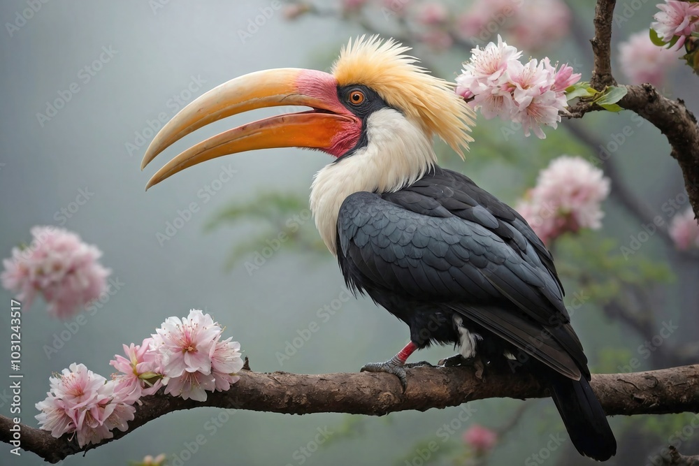Hornbill Resting in a Flowering Tree in a Mountain Forest Hornbill Resting in a Flowering Tree in a Mountain Forest