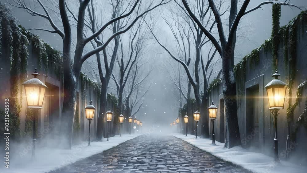 Snowy street with cobblestones and lit street lamps.