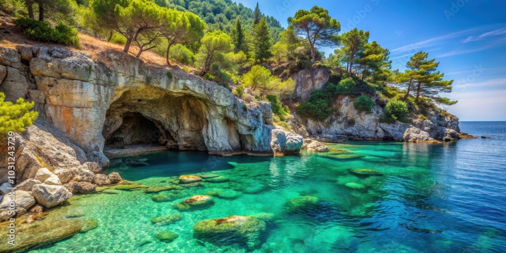 Naklejka premium Rocky coast with pine trees, cave, and turquoise sea on Greek island, Greece, Mediterranean, coastline, nature, travel