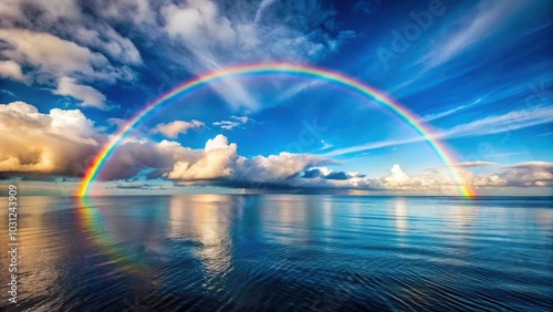 Rainbow stretching across the sky above a tranquil sea, rainbow, sea, ocean, colorful, beauty, nature, vibrant