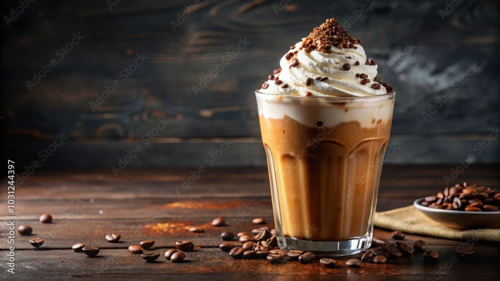 Iced coffee with fluffy whipped cream and rich chocolate shavings, iced coffee, whipped cream, chocolate shavings Iced coffee with fluffy whipped cream and rich chocolate shavings, iced coffee, whipped cream, chocolate shavings