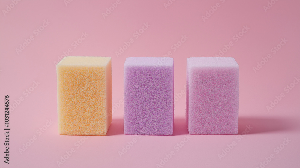 a front, slightly angled view of three kitchen sponges placed upright and spaced equally in the center of a soft pink background a front, slightly angled view of three kitchen sponges placed upright and spaced equally in the center of a soft pink background
