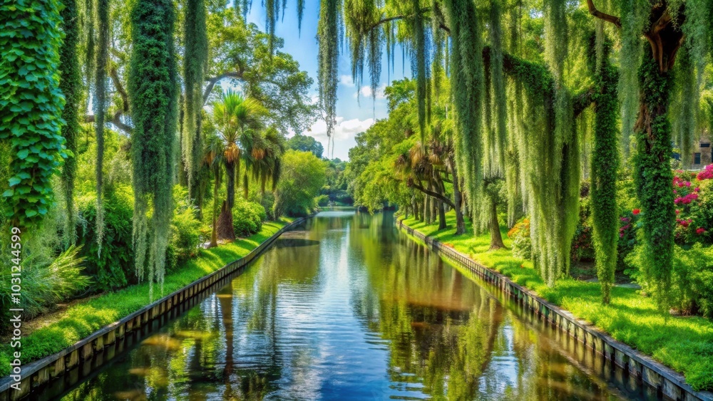 Lush green foliage hanging over the inner canal in Winter Park, Florida, lush, green, foliage, canal, Winter Park, Florida Lush green foliage hanging over the inner canal in Winter Park, Florida, lush, green, foliage, canal, Winter Park, Florida