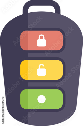 Modern wireless car key fob with lock, unlock and trunk buttons is depicted on white background